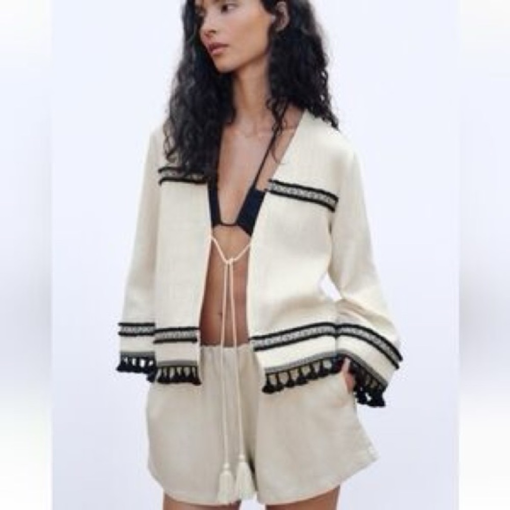 NWT Zara Cream Fringed Passementerie Tassel Jacket M
